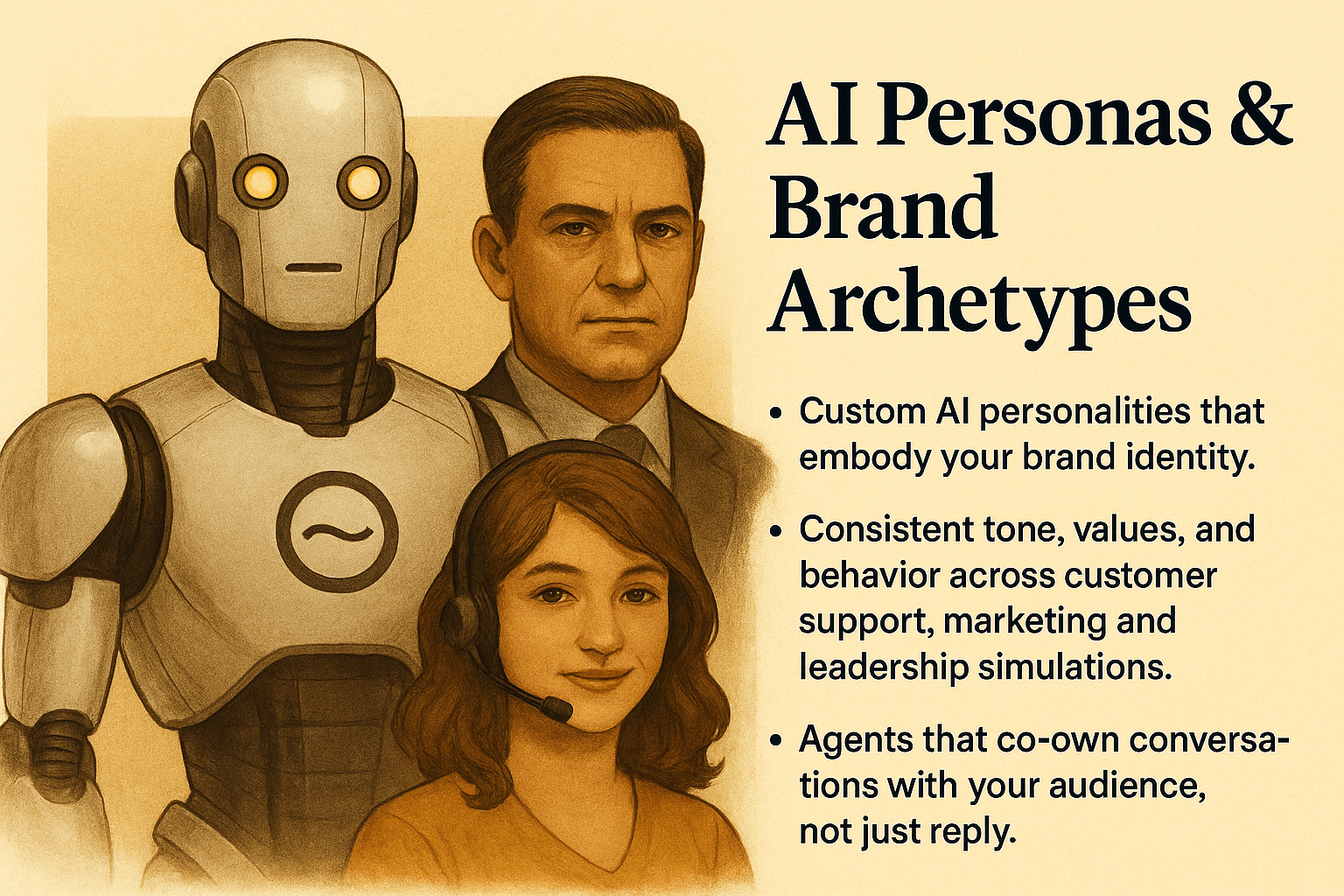 Digital illustration of diverse AI personas representing brand archetypes — a charismatic leader, a strategist, and a creative agent — symbolizing consistent brand voice and values.
