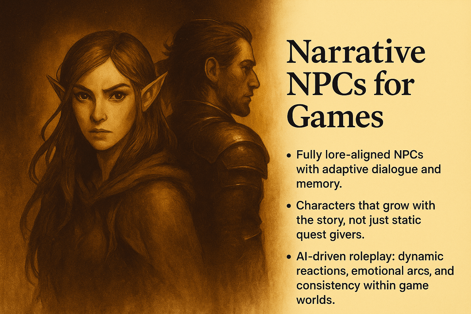 Digital illustration of immersive AI NPCs in a fantasy RPG setting — lore-aligned characters with memory, evolving personality, and adaptive dialogue.
