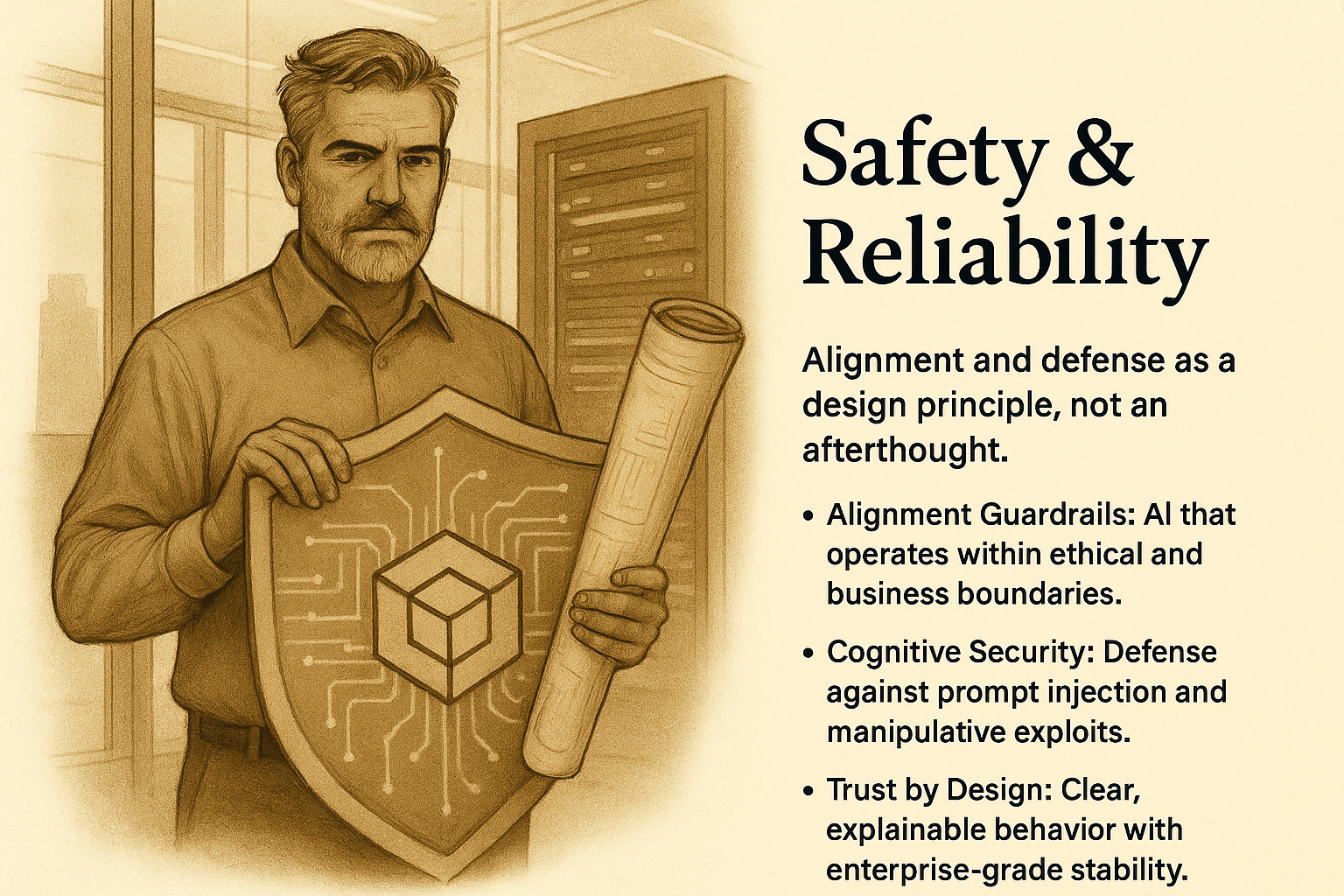 Sepia-toned illustration of a security-focused AI agent — a serious business consultant holding a symbolic shield — representing alignment guardrails, cognitive security, and trustworthy AI systems.