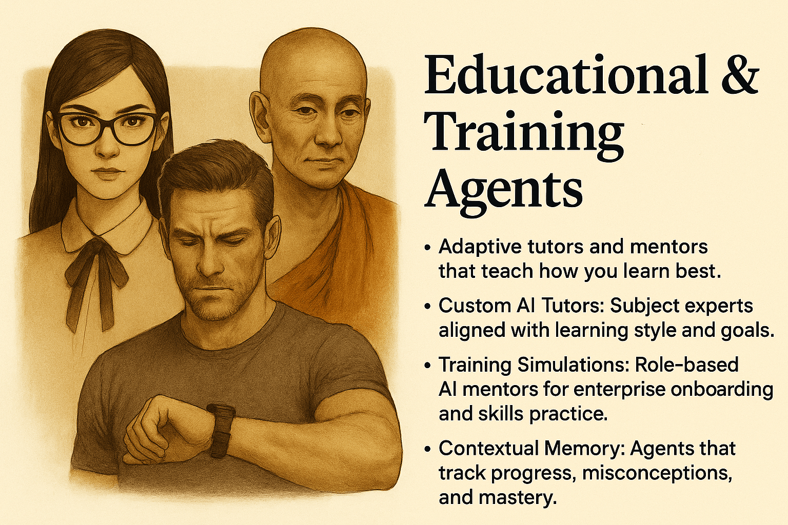 Sepia-toned illustration of AI educational agents: a young teacher, a coach with stopwatch, and a calm monk-yogi, symbolizing adaptive tutoring, training simulations, and personalized mentorship.