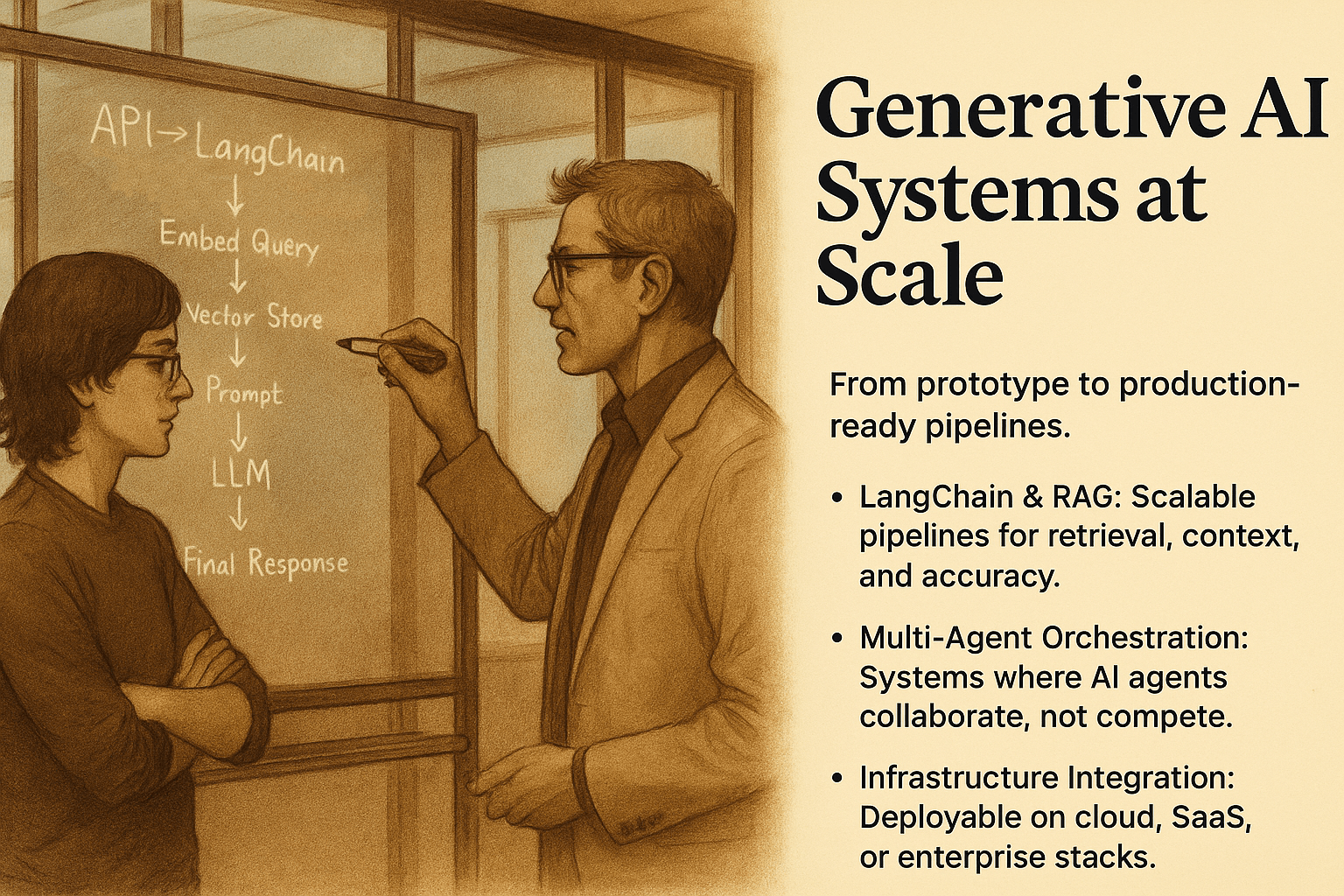 Detailed illustration of two professionals — an IT architect and a programmer — standing by a glass board diagramming an AI pipeline with LangChain, vector stores, and LLM responses, symbolizing scalable AI systems.
