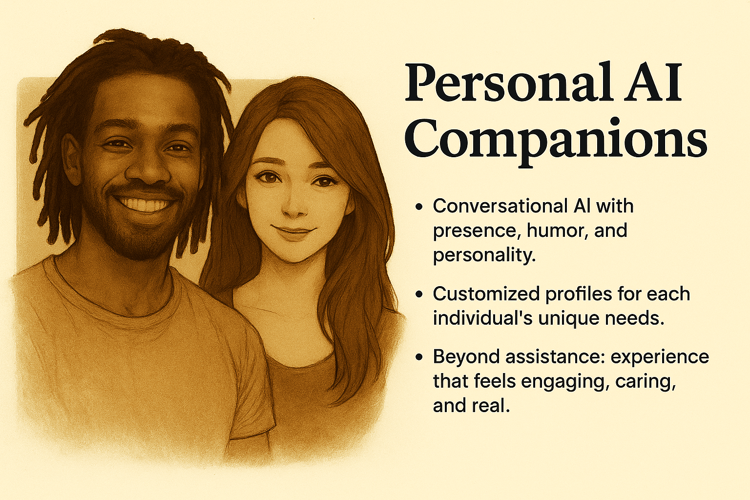 Digital illustration of AI companions — a smiling woman and a man with dreadlocks — representing personal assistants, motivational partners, and supportive AI relationships.